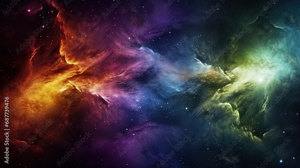 Fototapeta premium The abstract galaxy emitting light in golden yellow, purple and dark blue shades