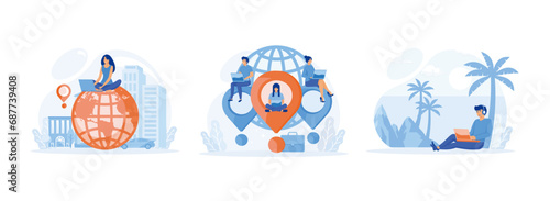 freelance remote work and global outsourcing, Digital nomad, Online modern communication technology. Work from anywhere set flat vector modern illustration