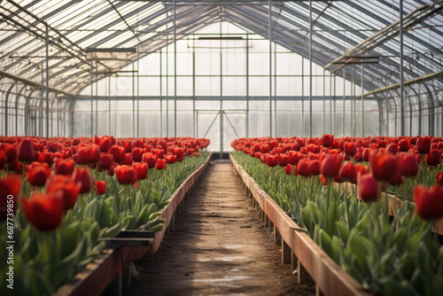 Flower greenhouse with red tulips #687739850