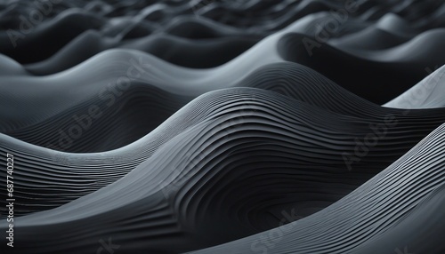 Abstract 3d rendering of wavy surface. Futuristic black background with dynamic waves.