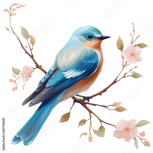 Illustration of an Eastern bluebird perched on a branch, transparent background (PNG) photo