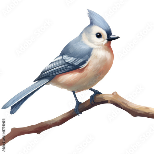 Illustration of a tufted titmouse songbird perched on a tree branch, transparent background (PNG) photo