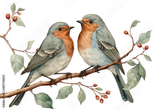 Illustration of two Eastern bluebirds perched on a branch, transparent background (PNG) © Georgina Burrows