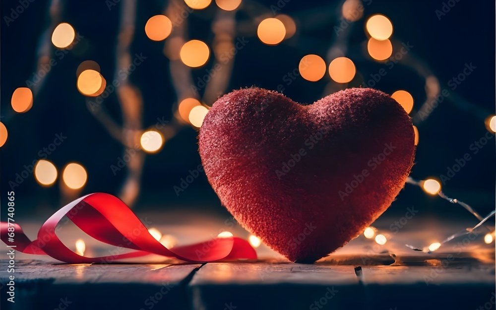 a red heart with a ribbon on a table with blurry lights in the ...