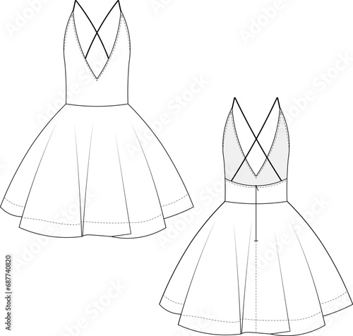 spaghetti straps, deep v-neck, low-cut princess ballet mini short dress template technical drawing flat sketch cad mockup fashion woman