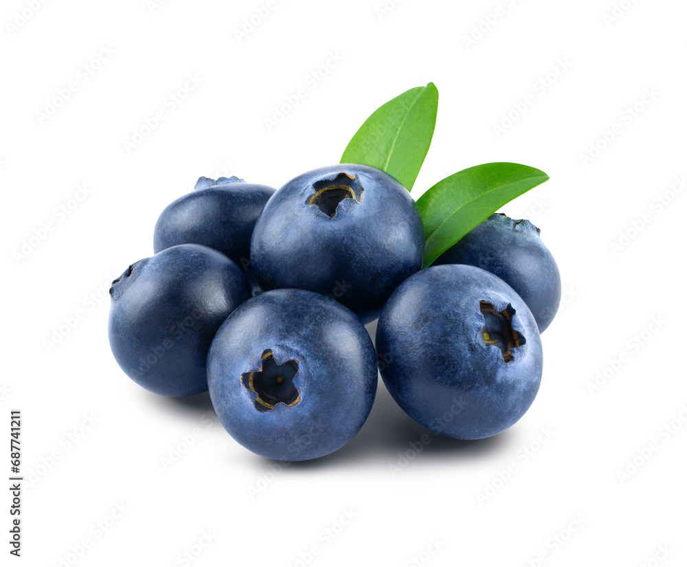 Isolated group of blueberries with leafs - obrazy, fototapety, plakaty 