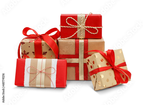 Gift boxes with the red ribbons in eco paper isolated on the white background