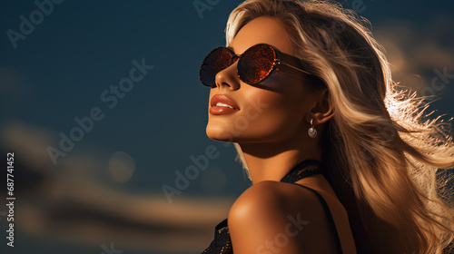 Portrait of young european fashionable female model, shot from the side, smiling, looking to the side, vibrant solar eclipse background