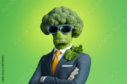 Confident cool broccoli dressed as a spy, concept of Good diet photo