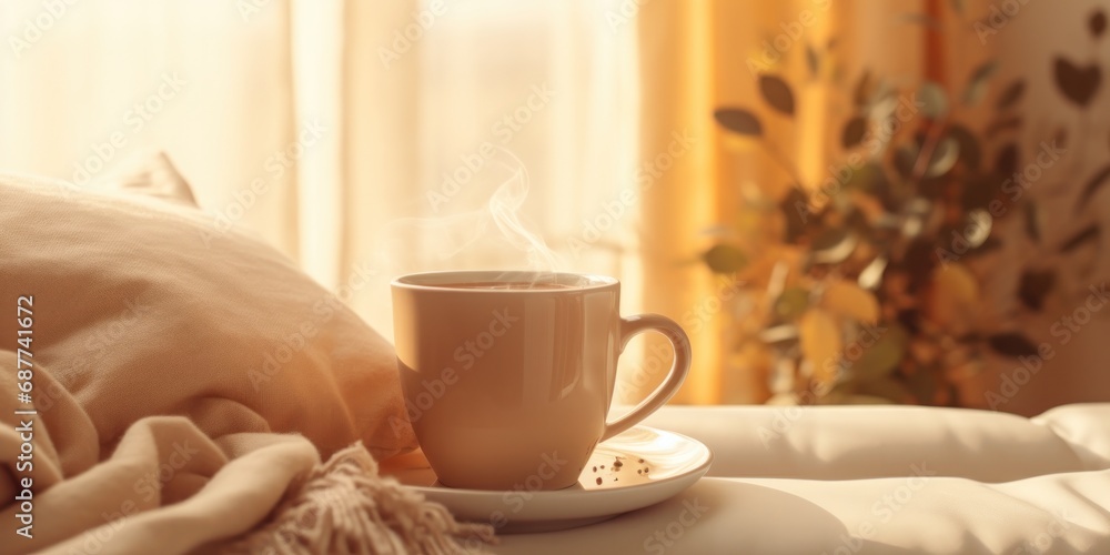 warm cup of tea on a sofa, generative AI warm cup of tea on a sofa, generative AI