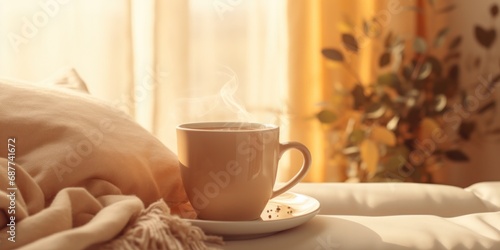 warm cup of tea on a sofa, generative AI