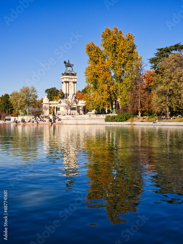 Retiro park cityscape lake in daylight, Madrid, Spain