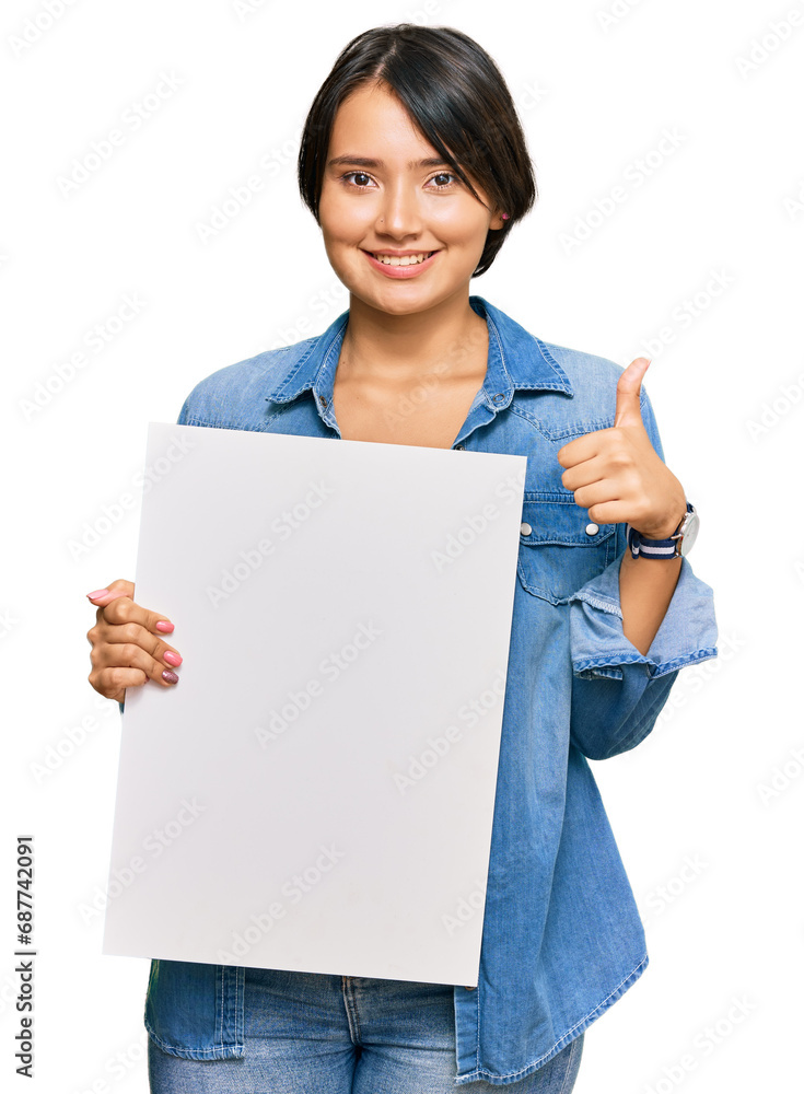 Beautiful young woman with short hair holding blank empty banner smiling happy and positive, thumb up doing excellent and approval sign Beautiful young woman with short hair holding blank empty banner smiling happy and positive, thumb up doing excellent and approval sign