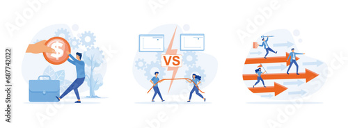 Business competition with large investors,Men and women pulling rope. Business competition. Business competition set flat vector modern illustration