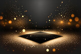 Creative black dance floor stage, empty podium, black gold background with lights and bokeh. Minimalism, product