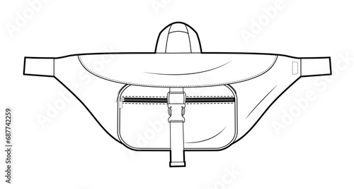 Convertible Waist Pack silhouette bag. Fashion accessory technical illustration. Vector satchel front 3-4 view for Men, women, unisex style, flat handbag CAD mockup sketch outline isolated