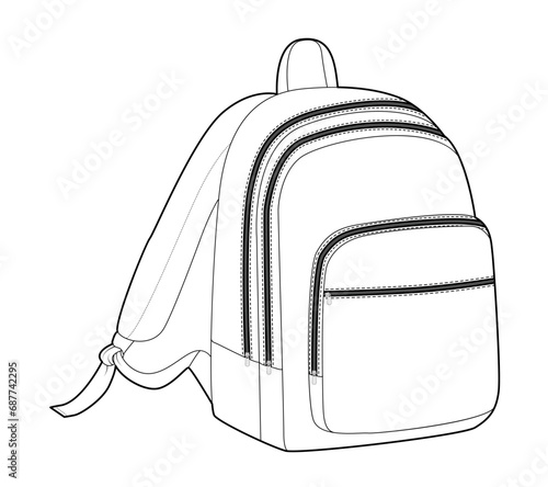 School Bag backpack silhouette bag. Fashion accessory technical illustration. Vector satchel front 3-4 view for Men, women, unisex style, flat handbag CAD mockup sketch outline isolated