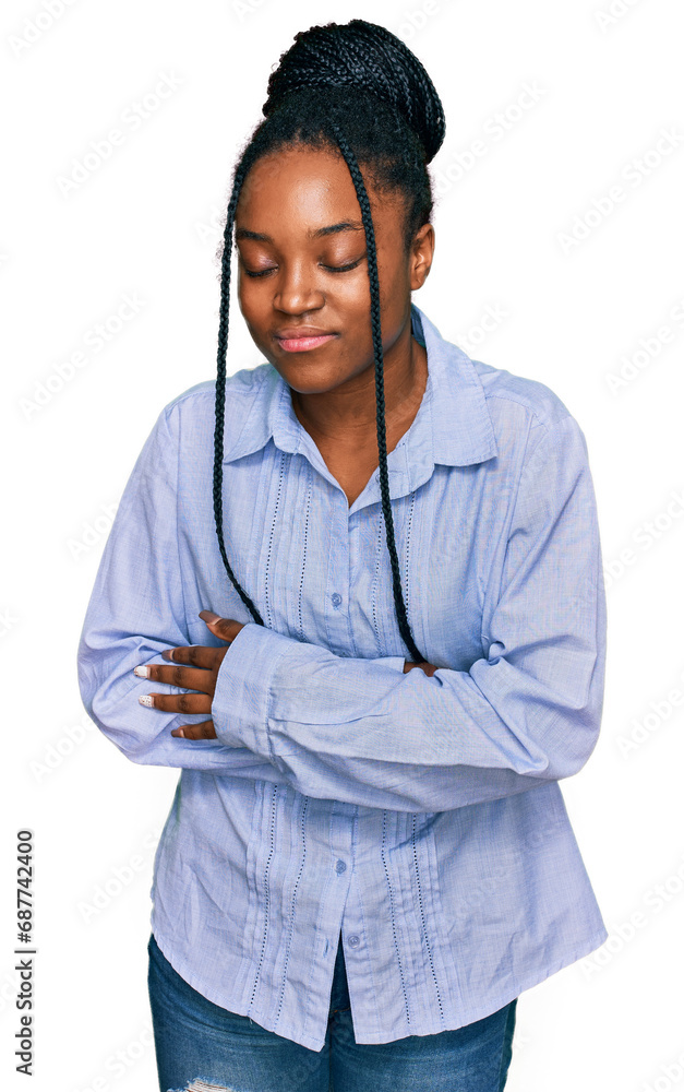 Young african american woman wearing casual clothes with hand on stomach because indigestion, painful illness feeling unwell. ache concept. Young african american woman wearing casual clothes with hand on stomach because indigestion, painful illness feeling unwell. ache concept.