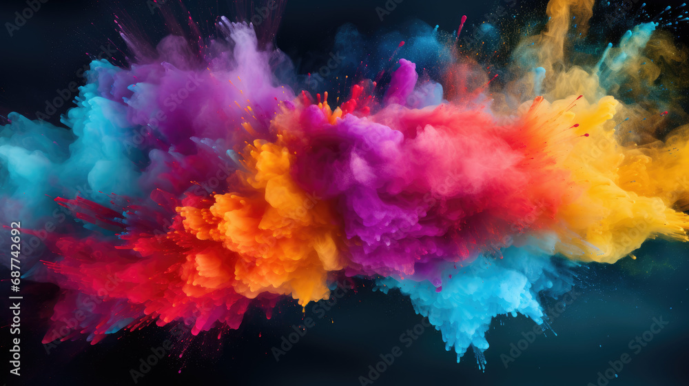 Colored powder explosion. Abstract closeup dust on backdrop. Colorful explode.