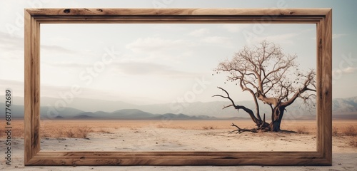 the essence of a wooden picture frame showcasing a surreal empty landscape against a neutral background. The empty mockup sparks imagination. © ZUBI CREATIONS