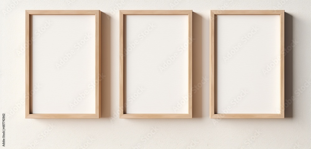 A simple wooden frame on a beige wall offers a clean slate for artistic inspiration. The empty mockup sets the stage for creative exploration, providing an open and inviting canvas within the frame. A simple wooden frame on a beige wall offers a clean slate for artistic inspiration. The empty mockup sets the stage for creative exploration, providing an open and inviting canvas within the frame.