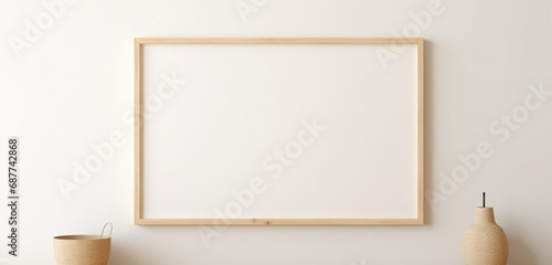 A simple wooden frame with an empty canvas hanging on a beige wall. The empty mockup embodies a sense of minimalism and understated elegance.
