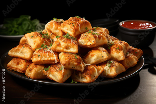 A plate of cheesy and gooey pizza rolls, combining the convenience of handheld snacks with the classic flavors of pizza. Concept of bite-sized pizza joy. Generative Ai.