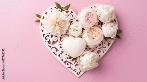 Heart shape made of flowers on a pink background. Beautiful floral background, Valentine's Day, love, gift contest, copy space.