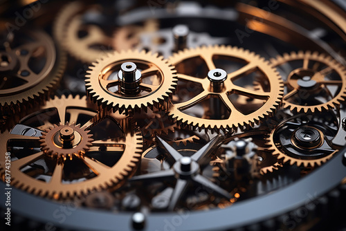 An intricate network of interconnected gears and cogs, symbolizing the complexity and interdependence of time. Concept of the mechanics of time. Generative Ai.