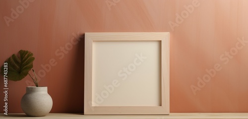 A wooden picture frame is showcased by a camera, displaying an abstract pattern on a muted background. The empty mockup suggests a blend of artistry and simplicity.