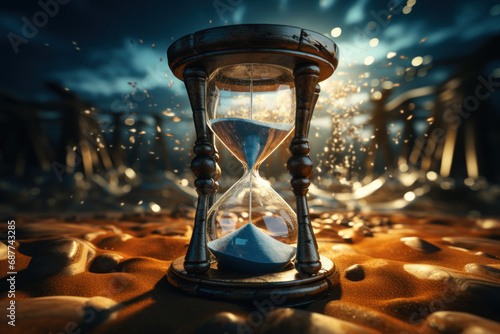 A shattered hourglass with sand suspended in mid-air, capturing the frozen moment between the passage of time. Concept of temporal suspension. Generative Ai.