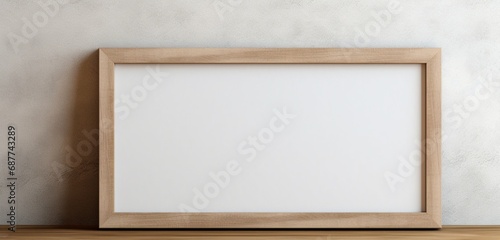 A wooden picture frame is showcased by a camera, displaying an abstract pattern on a muted background. The empty mockup suggests a blend of artistry and simplicity.