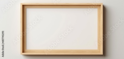 A wooden picture frame on a beige wall is photographed by a camera, presenting a blank canvas for creative expression.