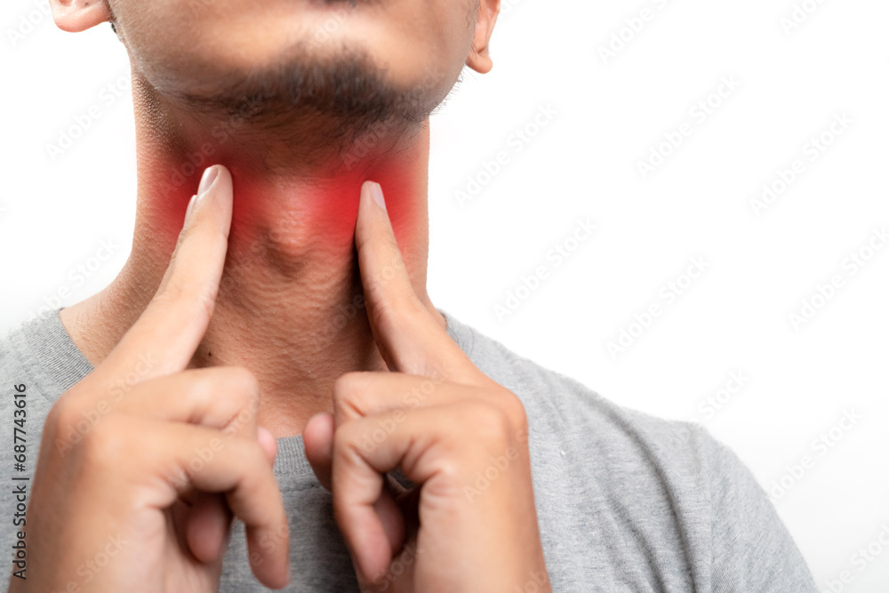 Inflammation of the thyroid gland, sore throat and cough, man with neck pain on white background, health problems concept. Pain points are highlighted in red. Close up. Isolated on white background. Inflammation of the thyroid gland, sore throat and cough, man with neck pain on white background, health problems concept. Pain points are highlighted in red. Close up. Isolated on white background.