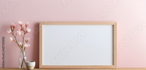 An empty wooden frame, set against a soft pastel backdrop, captured by a camera. The mockup embodies simplicity and sophistication.