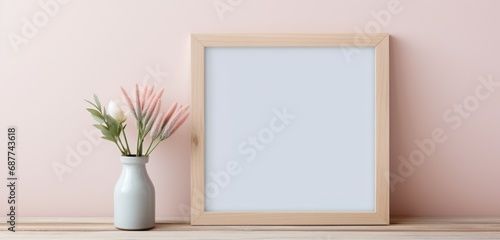 An empty wooden frame, set against a soft pastel backdrop, as captured by a camera. The simple and elegant mockup radiates tranquility.
