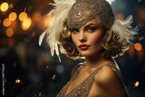 A glamorous vintage woman in a sequined flapper dress from the Roaring Twenties, capturing the spirit of the Jazz Age. Generative Ai.