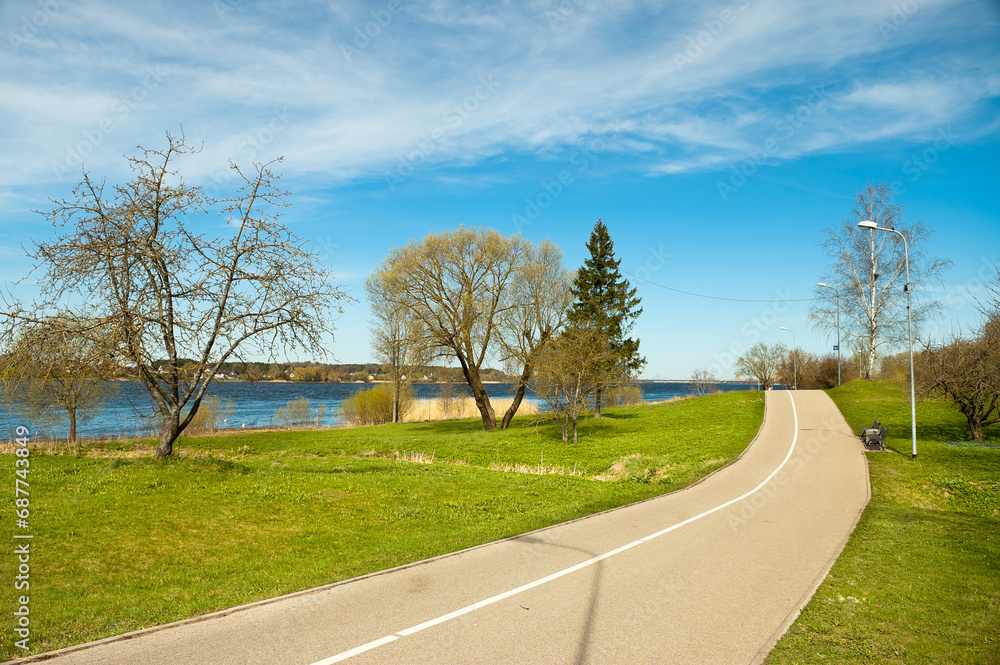 road in the park, photo of the park in summer, road, trees and river