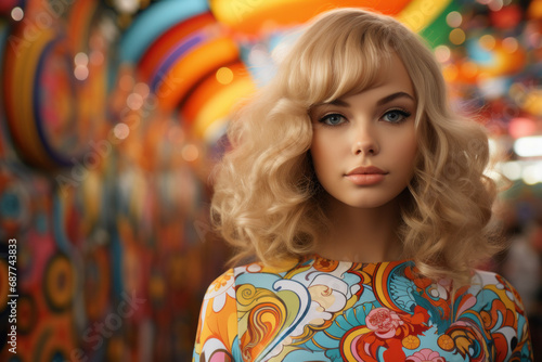 A free-spirited vintage woman in a psychedelic print minidress, epitomizing the psychedelic '60s. Generative Ai.