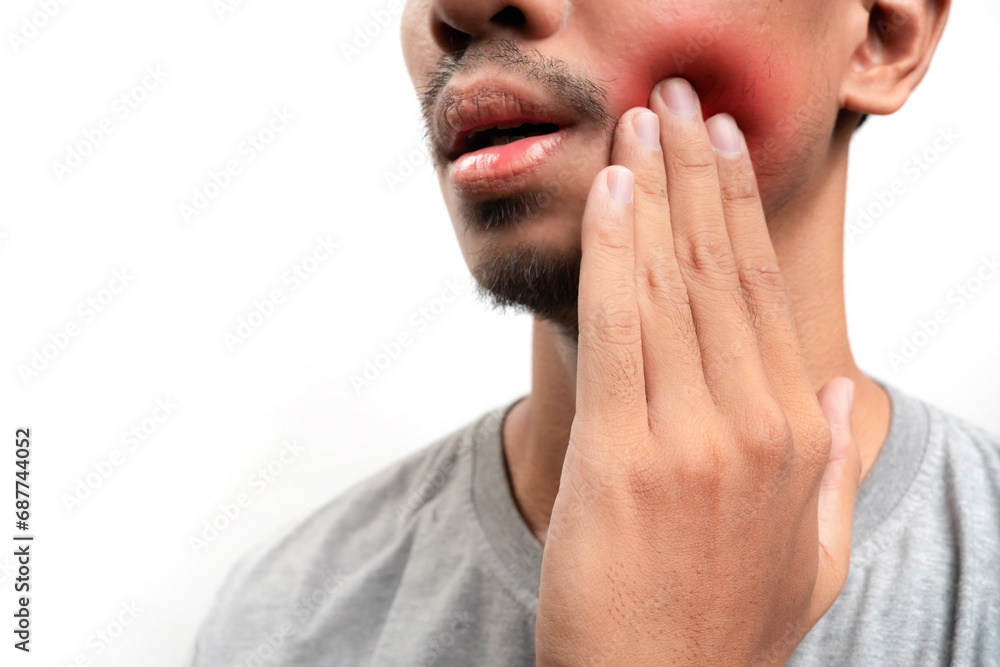 nflammation of the dental nerve, man with tooth ache, periodontal disease, wisdom teeth pain, health problems concept. Pain points are highlighted in red. Close up. Isolated on white background. nflammation of the dental nerve, man with tooth ache, periodontal disease, wisdom teeth pain, health problems concept. Pain points are highlighted in red. Close up. Isolated on white background.