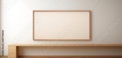  a blank wooden frame on a beige wall conveys the essence of contemporary art. The empty mockup invites viewers to appreciate the intersection of tradition and modernity.