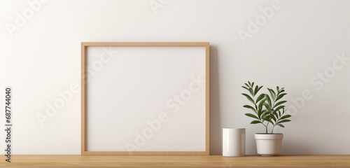  a simple wooden frame with an empty canvas hangs gracefully on a beige wall. The empty mockup radiates a sense of minimalistic charm and artistic potential.