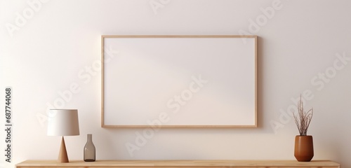a simple wooden frame with an empty canvas hangs gracefully on a beige wall. The empty mockup radiates a sense of minimalistic charm and artistic potential. © ZUBI CREATIONS