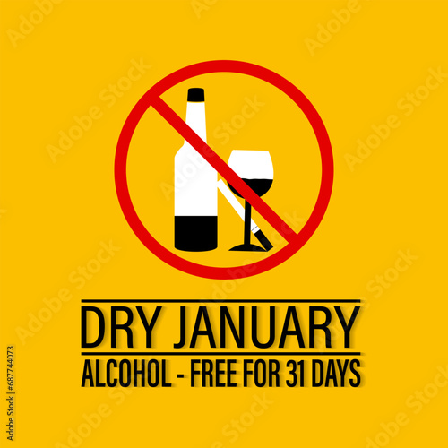 Dry January is an annual health campaign that encourages people .No alcohol during this . Stop drinking or alcohols drink. Banner, poster, card, background design.