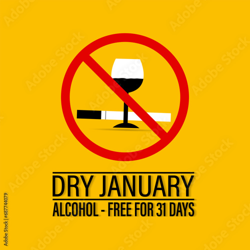 Dry January is an annual health campaign that encourages people .No alcohol during this . Stop drinking or alcohols drink. Banner, poster, card, background design.