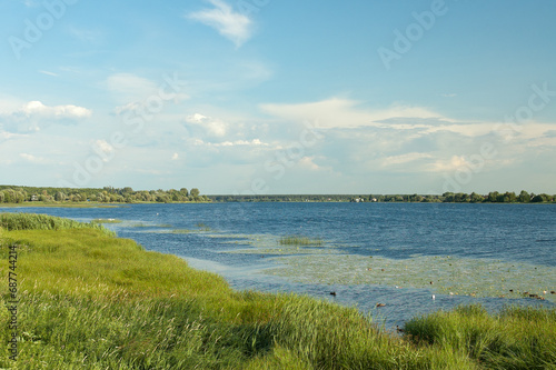 river close-up  in the photo there is a river  blue sky and green meadow