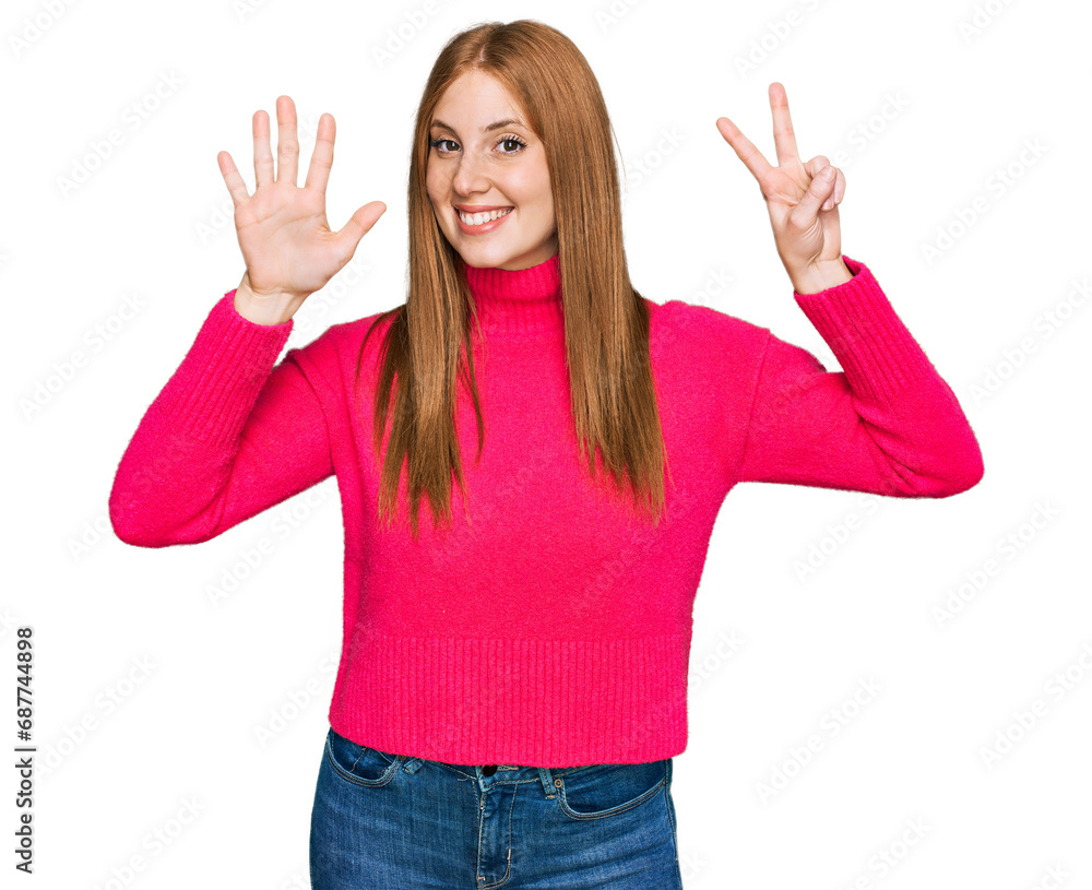Young irish woman wearing casual clothes showing and pointing up with fingers number seven while smiling confident and happy. Young irish woman wearing casual clothes showing and pointing up with fingers number seven while smiling confident and happy.