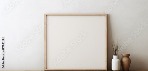  an empty mockup features a wooden frame with an ethereal abstract painting against a beige wall. The artistic blend of elements adds a touch of mystique.