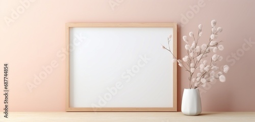 Empty mockup of a minimalist wooden frame on a soft pastel wall, presenting a clean slate for contemporary and imaginative artwork.