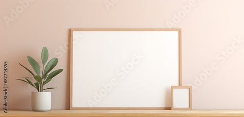 Empty mockup of a minimalist wooden frame on a soft pastel wall, presenting a clean slate for contemporary and imaginative artwork.
